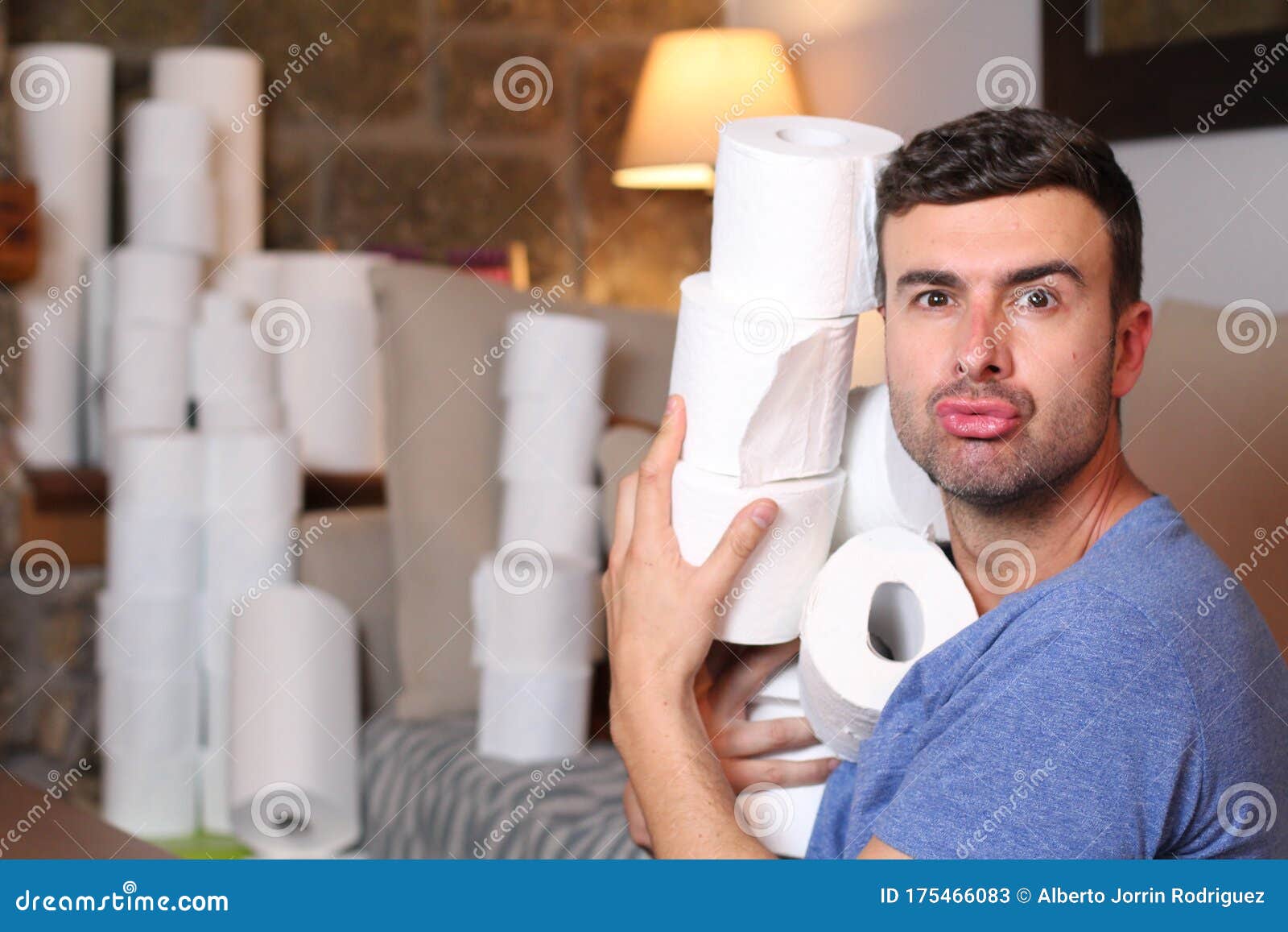 Man Stocking Up Toilet Paper at Home Stock Image Image of lips