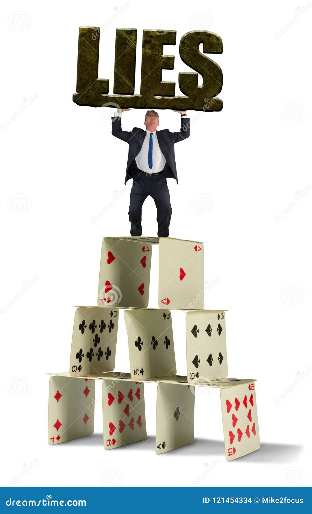 man struggling to hold up giant stone lies on shaky house of cards representing the dangerous situation in his web of deceit