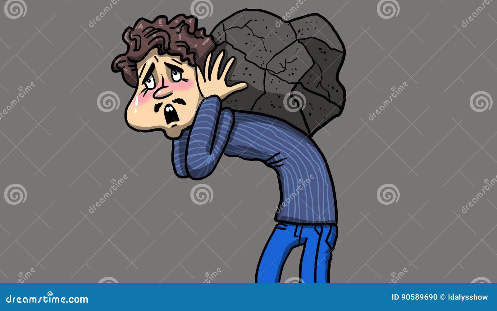 man suffering while carrying a heavy rock on his back, 