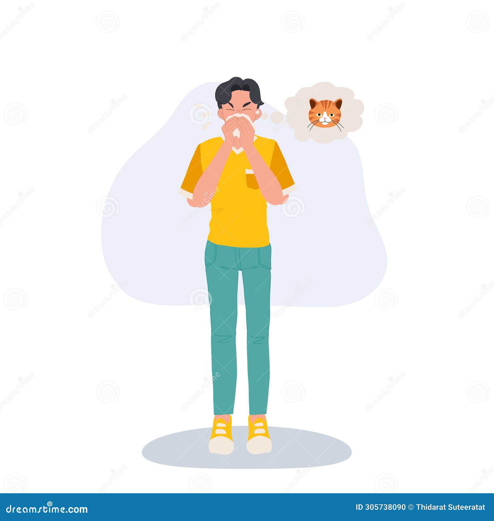 Man Suffering from Cat Allergy. Coughing and Breath Difficulty Stock