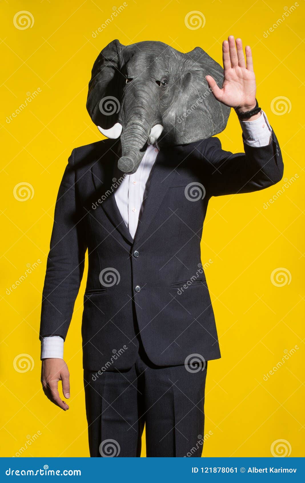 Download Man With An Elephant Mask On A Yellow Background Stock Image Image Of Experience Poster 121878061 PSD Mockup Templates