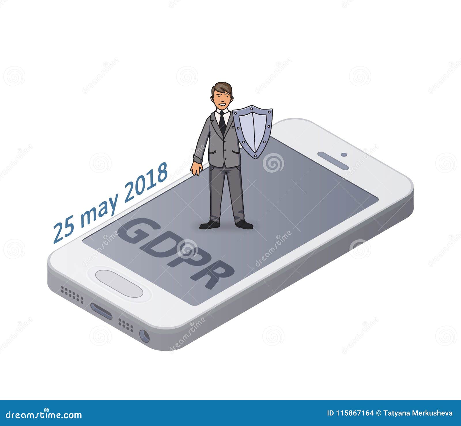 man in suit with a shield protecting smartphone and personal data. gdpr initiation date. data protection. gdpr, rgpd
