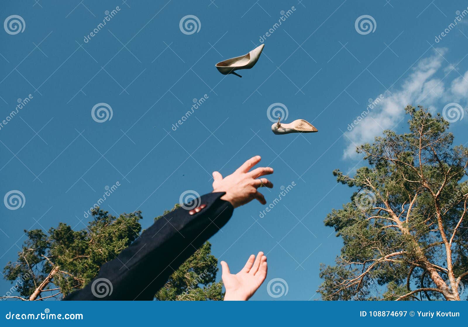 Man Suit Tossed Bride S Shoes To Sky Catches His Hands Man Throwing His Shoes Up Catches His Hands Sky 108874697 