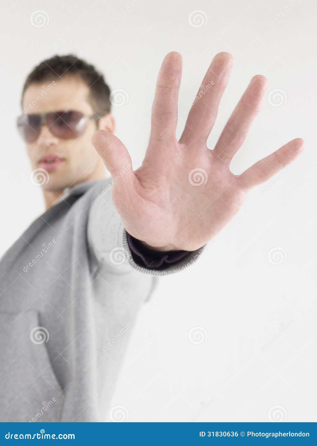Man in Sunglasses Gesturing Stop Sign Stock Photo Image of hand