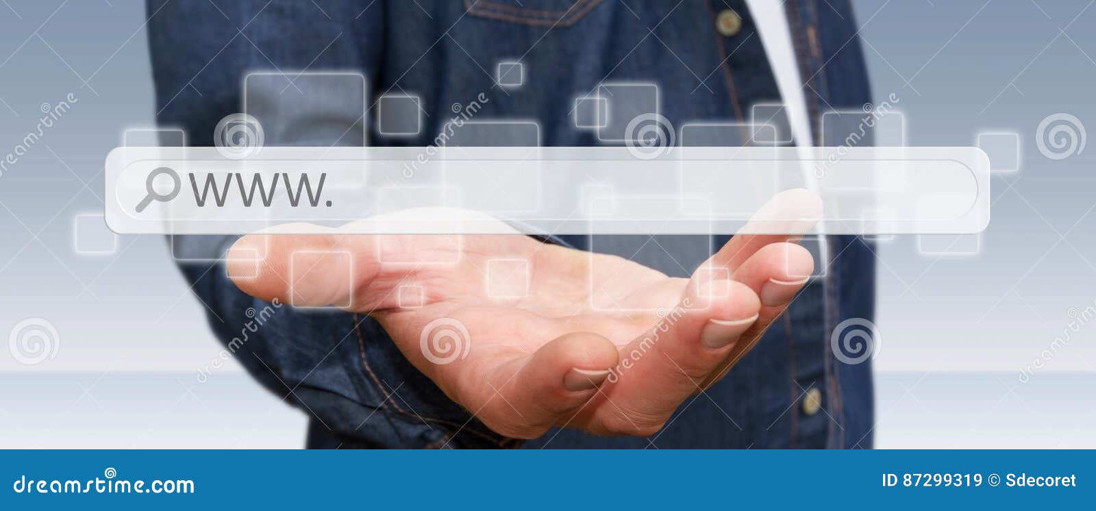 man surfing on internet with digital tactile web address bar