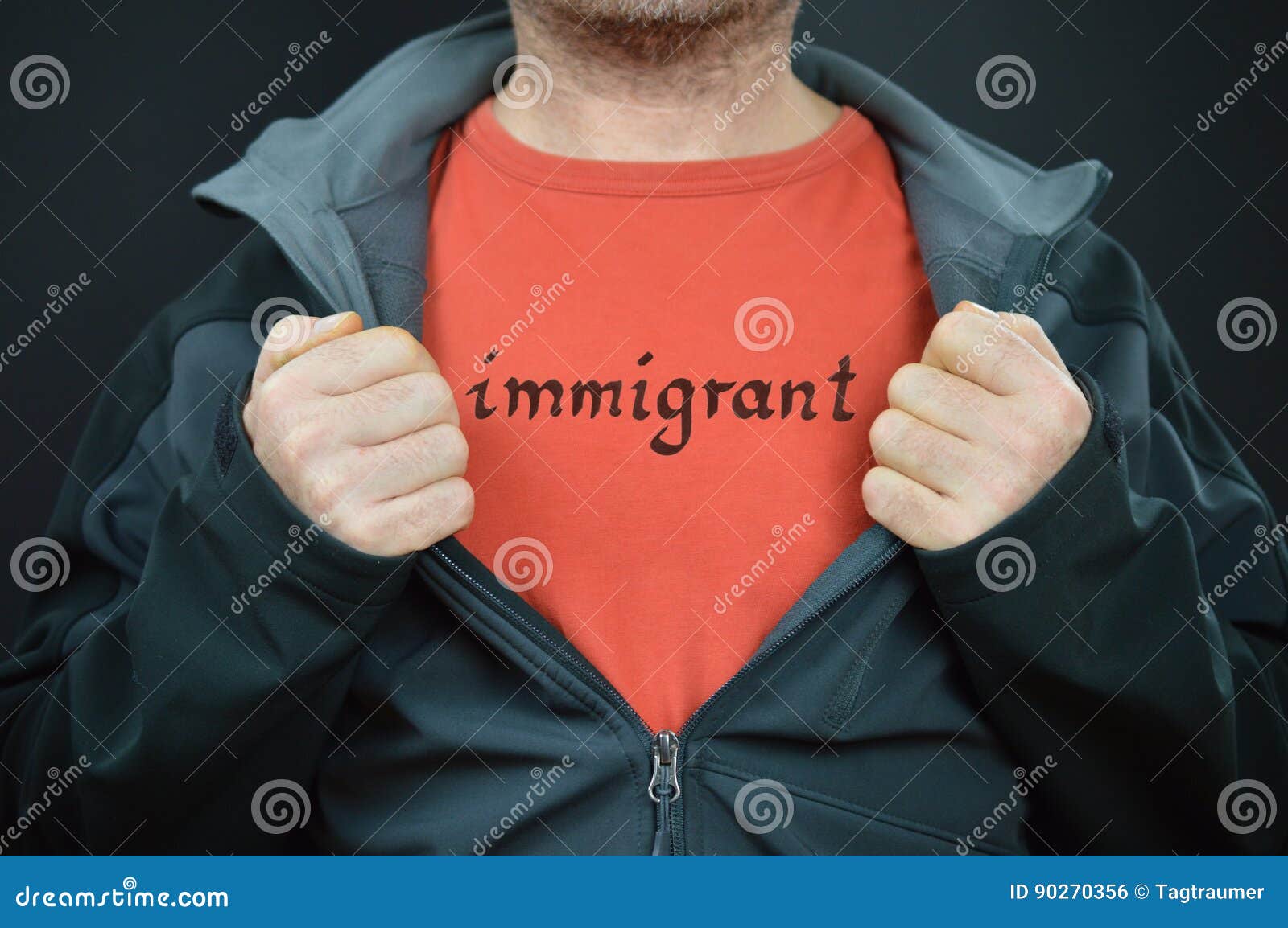 man with t-shirt and the word immigrant on it