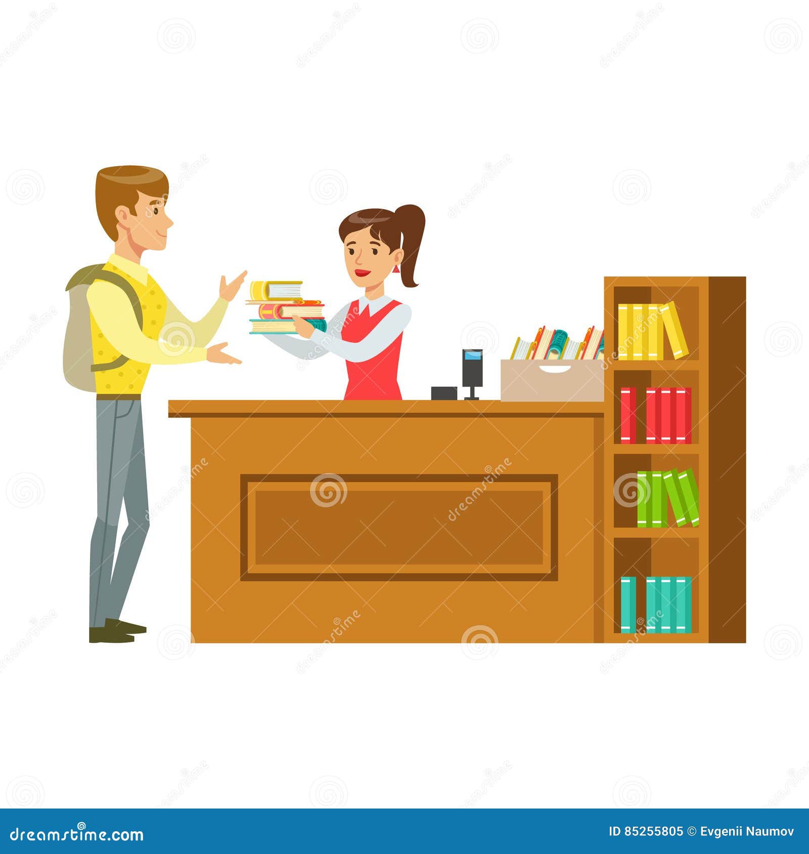 man taking the books fro the librarian, smiling person in the library  