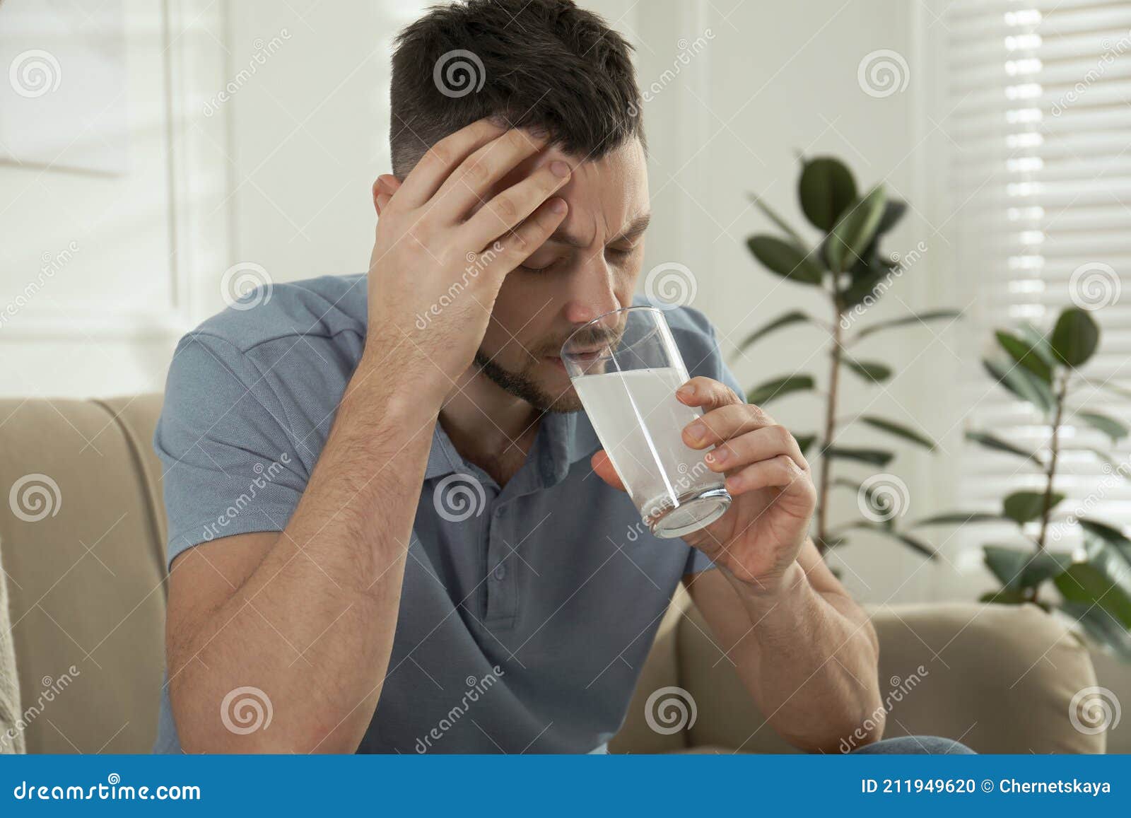 Man Taking Medicine for Hangover at Home Stock Photo Image of pain