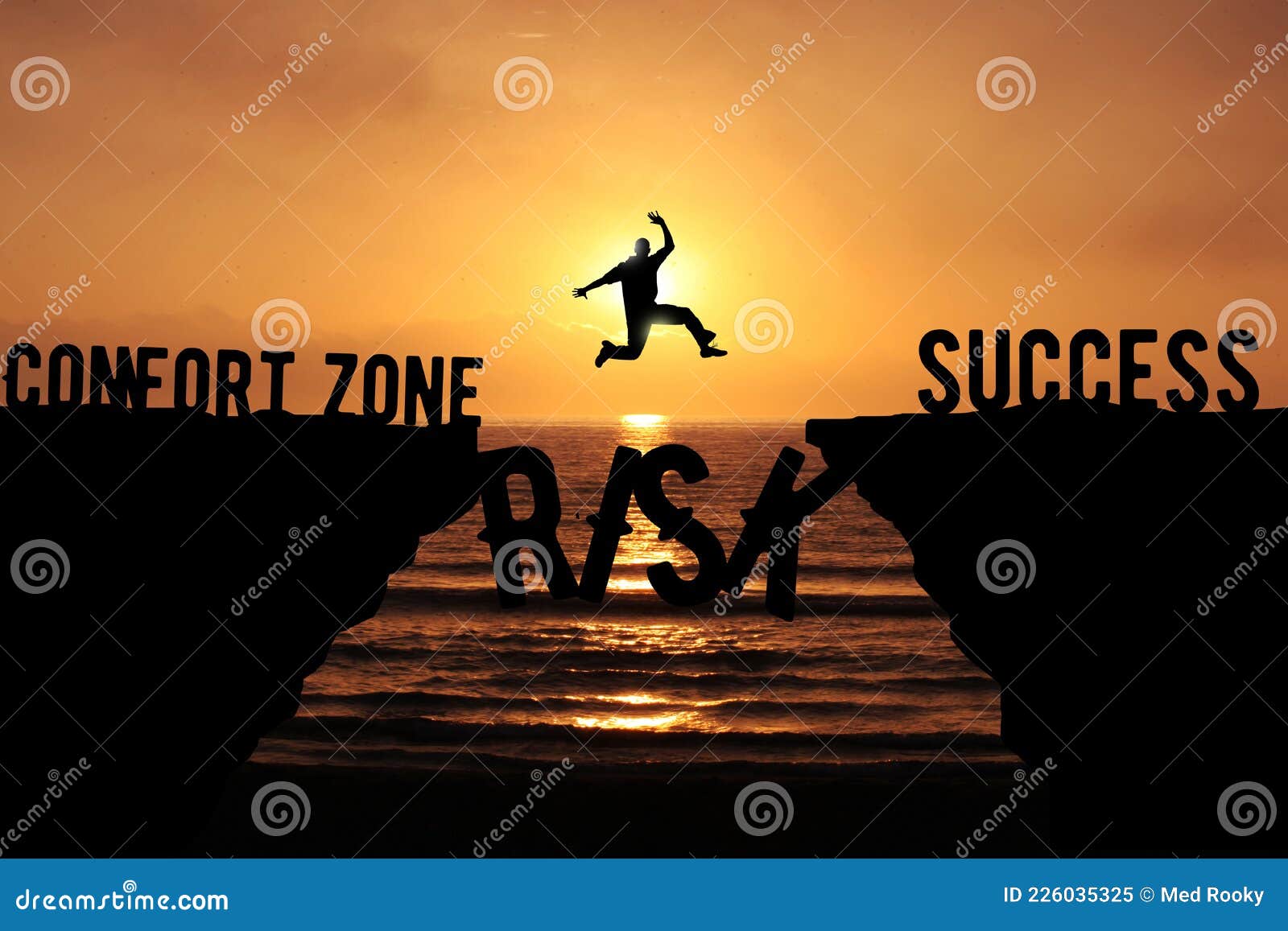 man taking a risk and jumping over the cliff to leave his comfort zone forward success. business risk, challenge and success