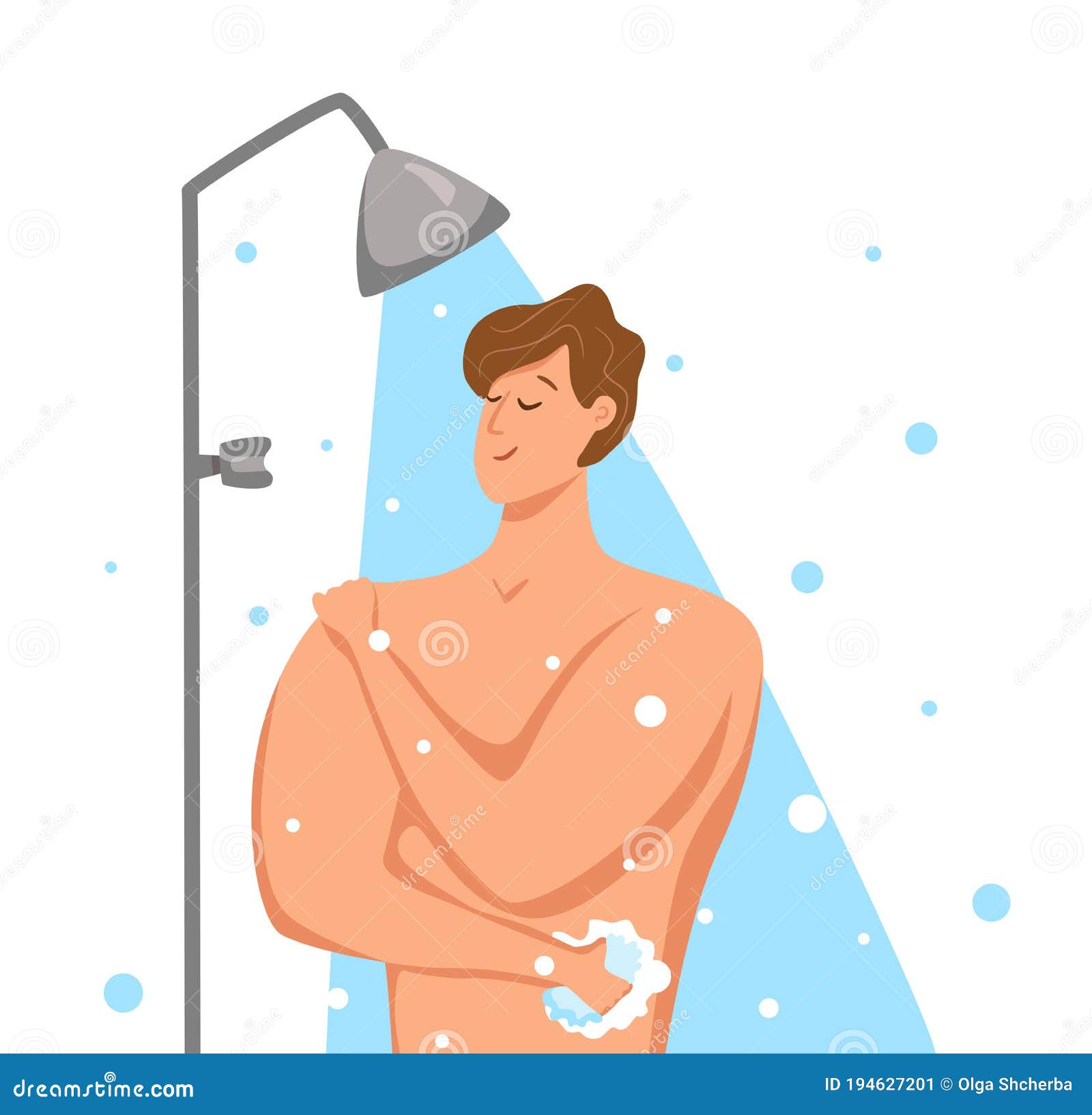 Man Taking Shower in Bathroom. Vector Illustration of Happy Guy Washing ...