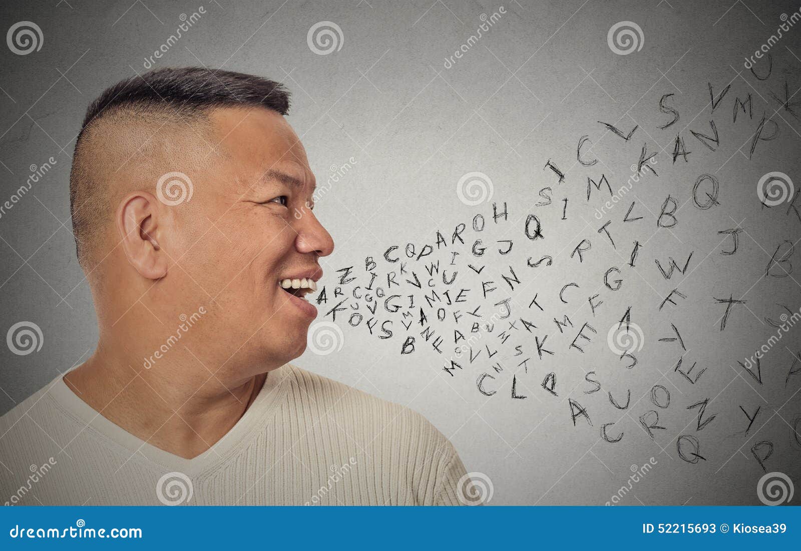 Man Talking With Alphabet Letters Coming Out Of Open Mouth