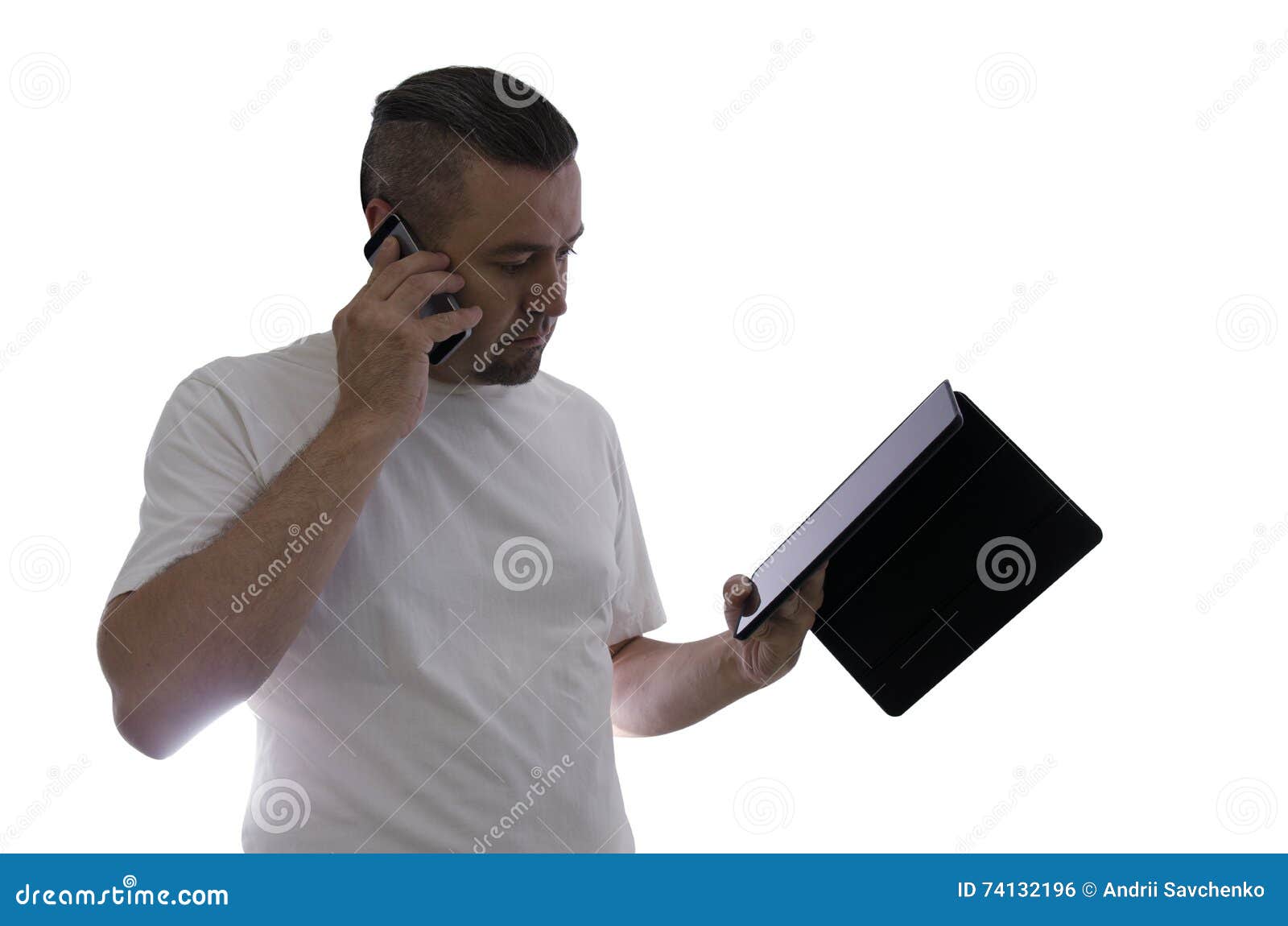 Man Talking on the Cell Phone and Use Tablet Stock Photo Image of talking, computer 74132196