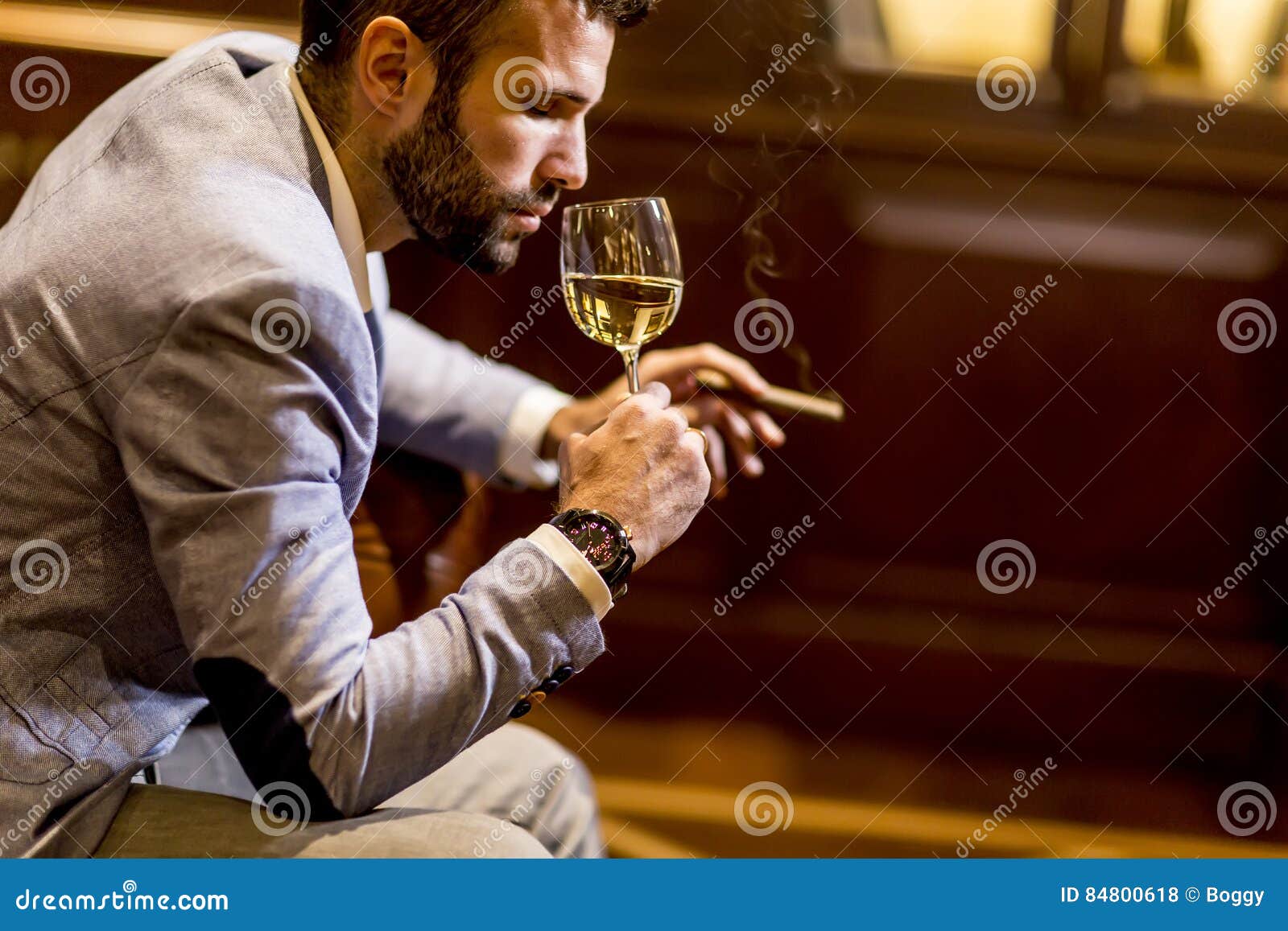 Man Tasting White Wine and Smoking Cigar Stock Photo Image of good