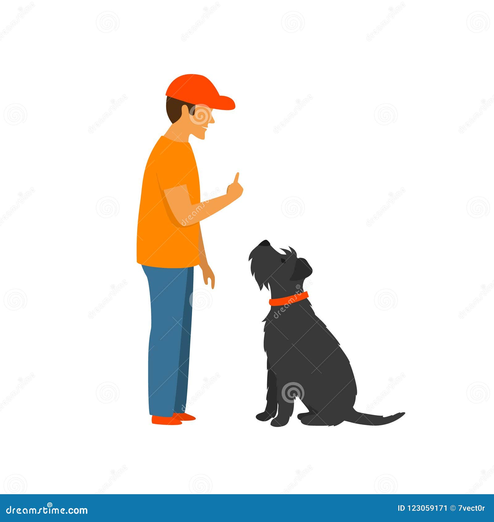 Man teaching a dog to stay and sit basic commands obedience training