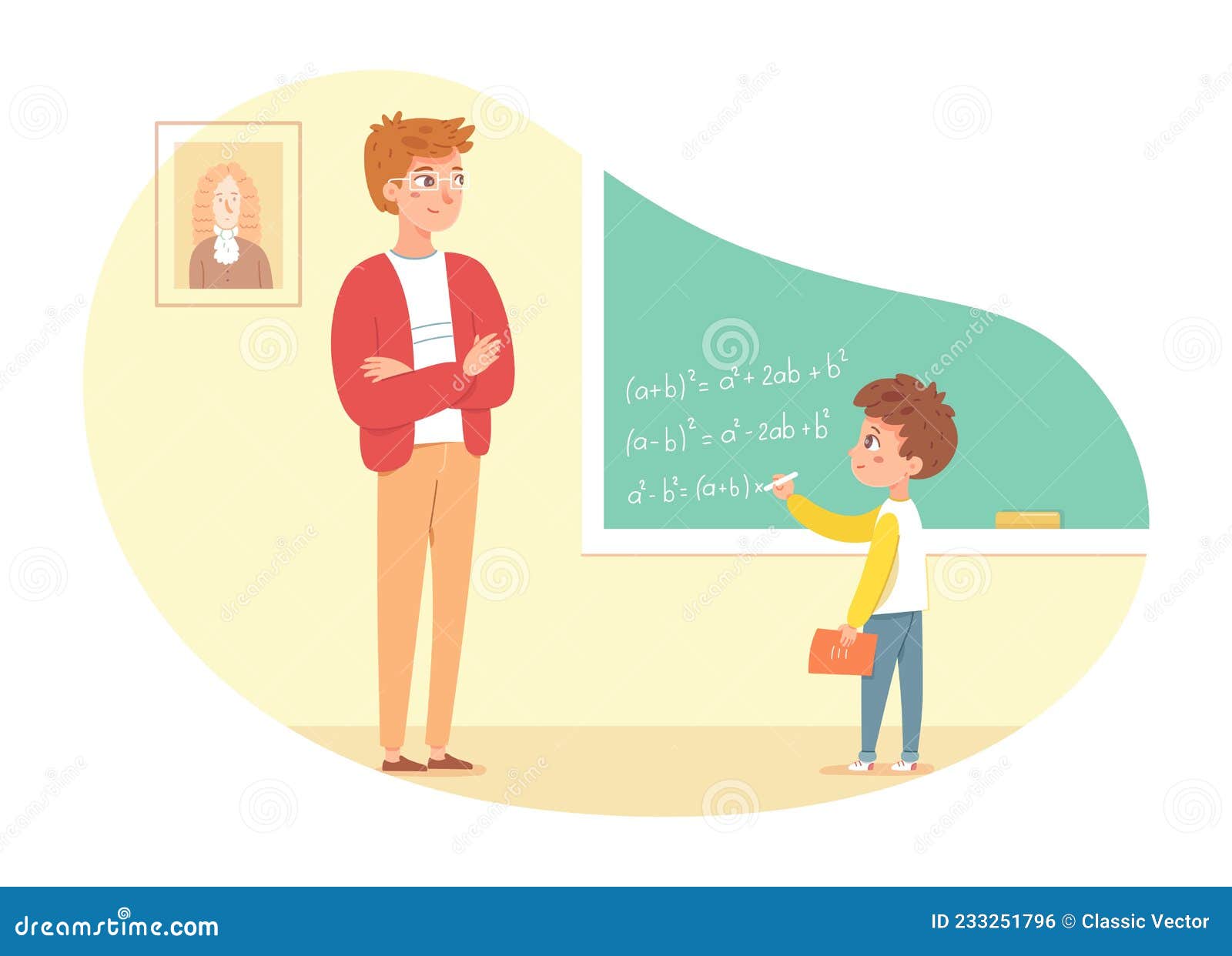 Man Teaching Maths Lesson in Class, Boy Answering at Blackboard