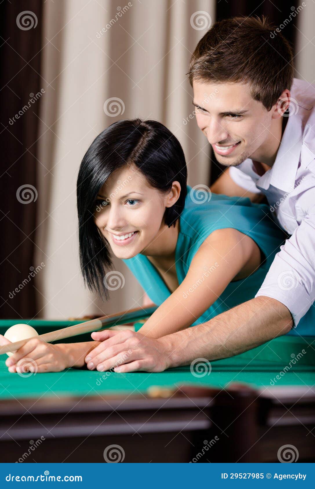 Man Teaching Young Woman To Play Billiards Stock Image Image of cloth