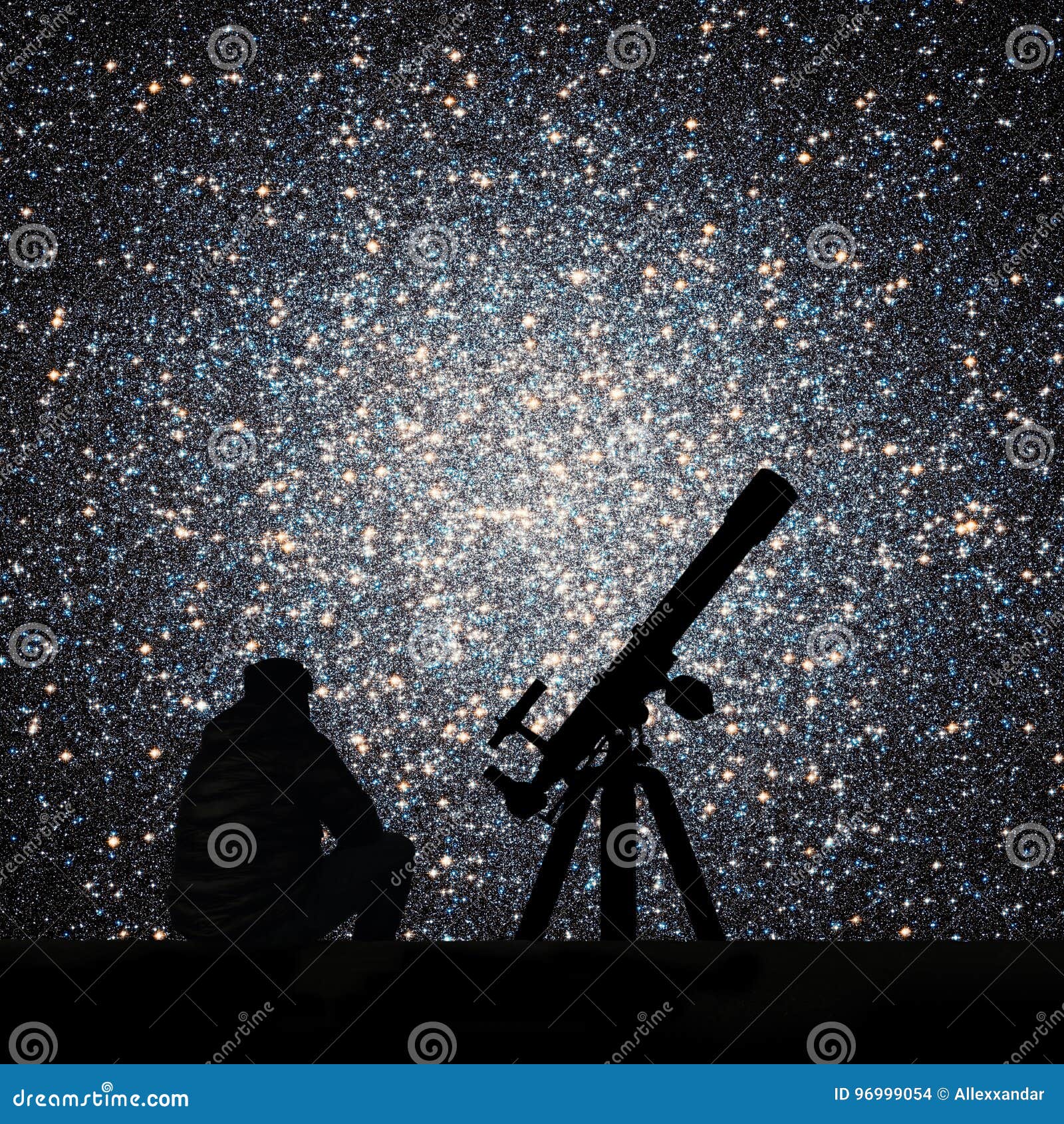 Man with Telescope Looking at the Stars. Globular Cluster Stock Photo