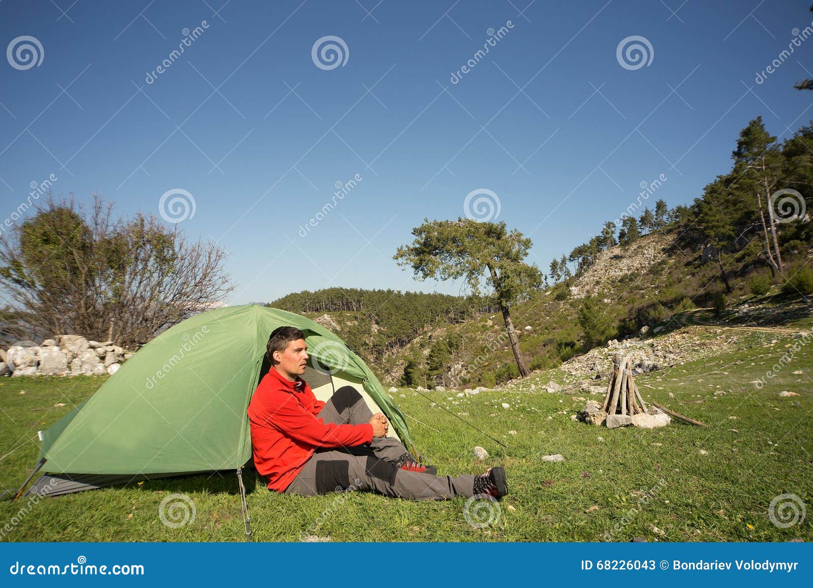 Man with tent camping. stock image. Image of sport, mountain 68226043