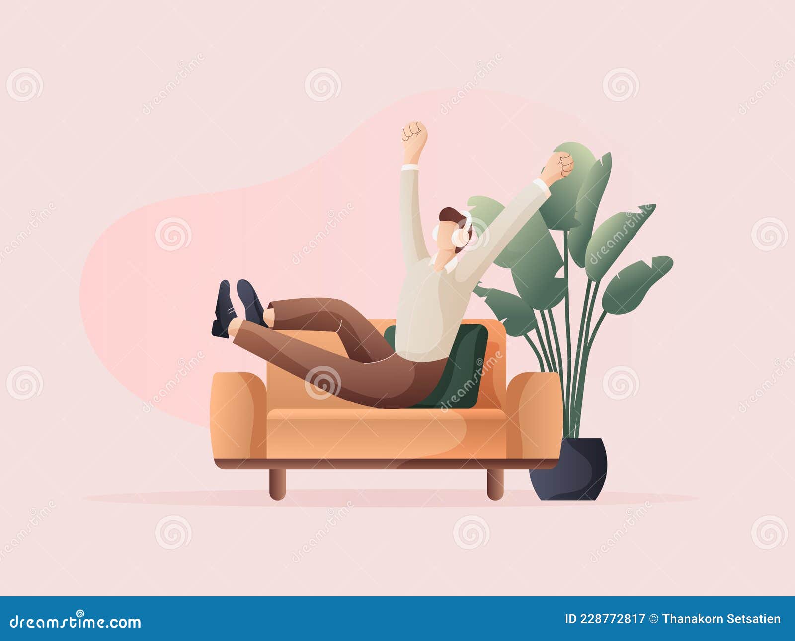 Man Threw Himself Down on the Sofa As Relaxes. Stock Vector