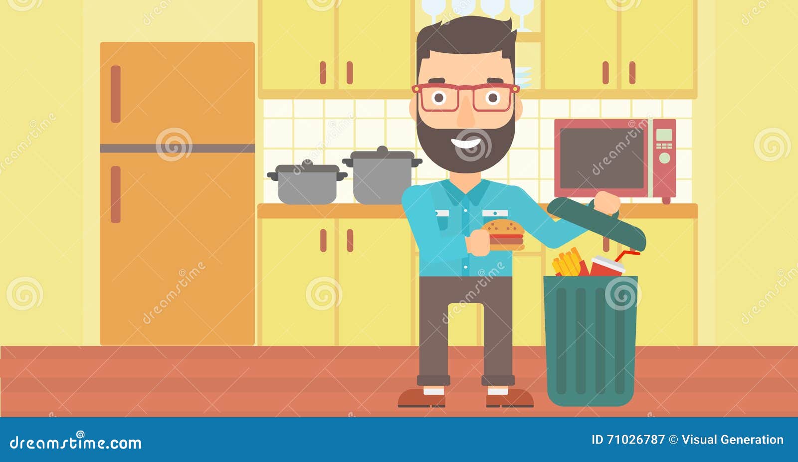 Man Putting Junk Food Into A Trash Bin. Man Refusing To Eat Junk Food. Man Rejecting Junk Food