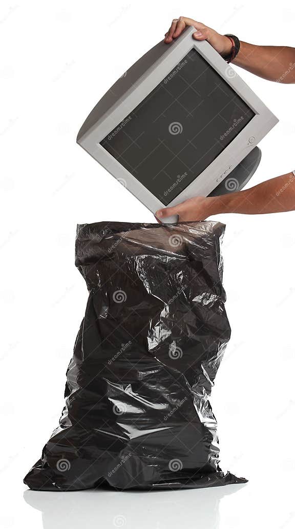 Man Throwing a Pc Monitor in the Garbage Stock Image Image of