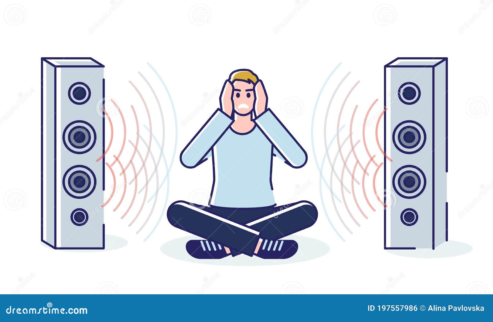Man Tired of Loud Music from Loudspeakers Covering Ears with Hands Sitting  on Floor Stock Vector - Illustration of noisy, loud: 197557986