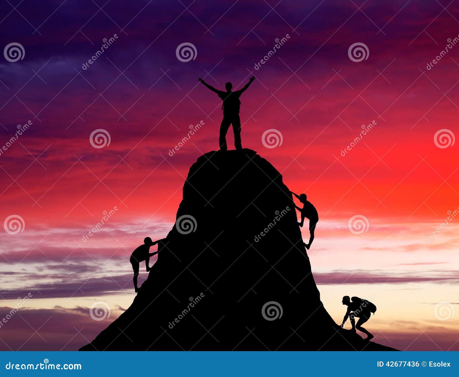 man on top of the mountain and the other people to climb up.