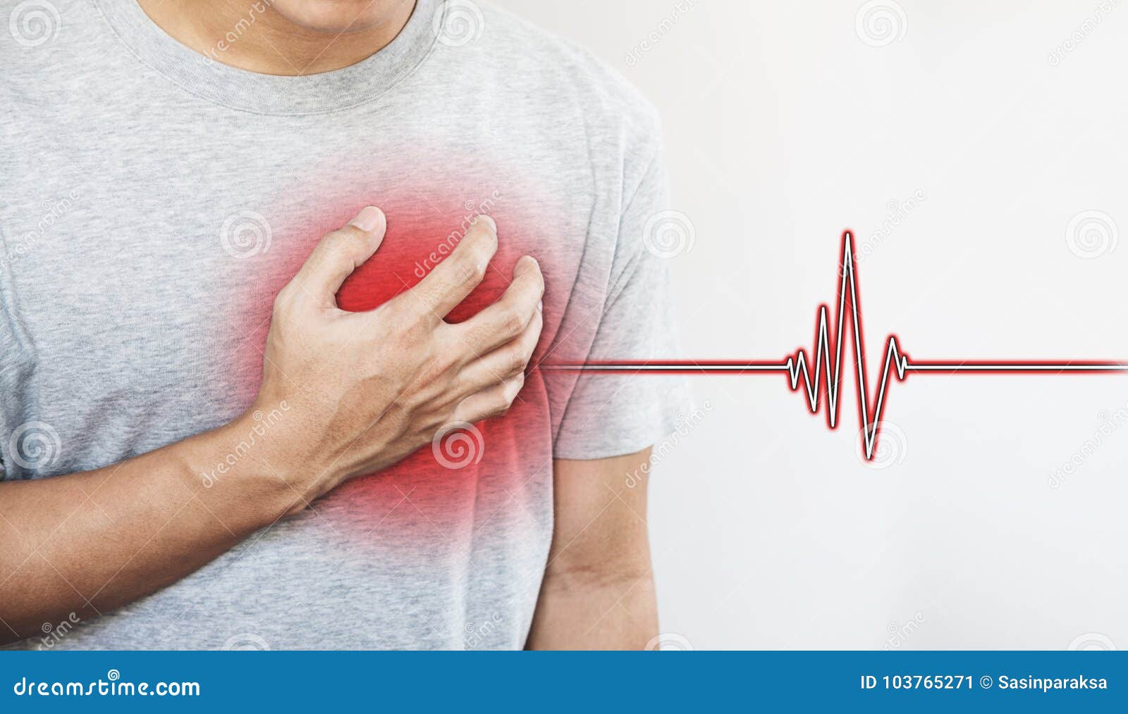 a man touching his heart, with heart pulse sign. heart attack, and others heart disease