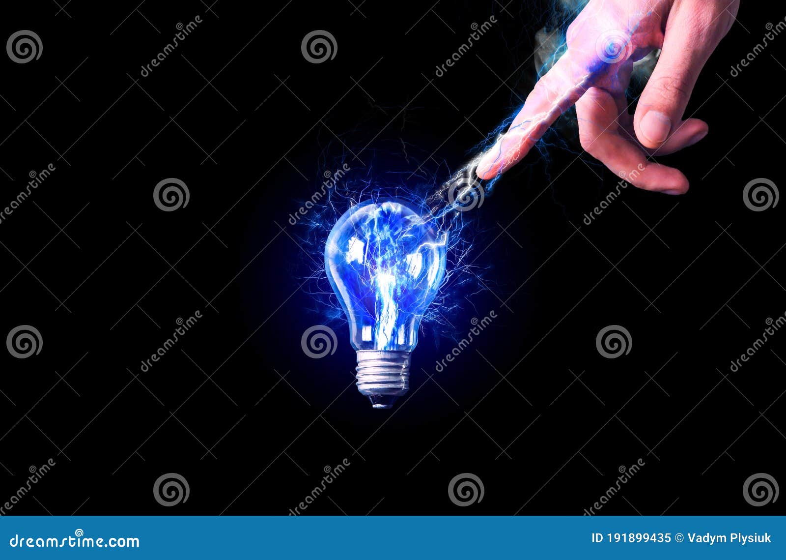 Man Touching the Lamp Bulb. New Idea Concept. Blue Lightning Stock