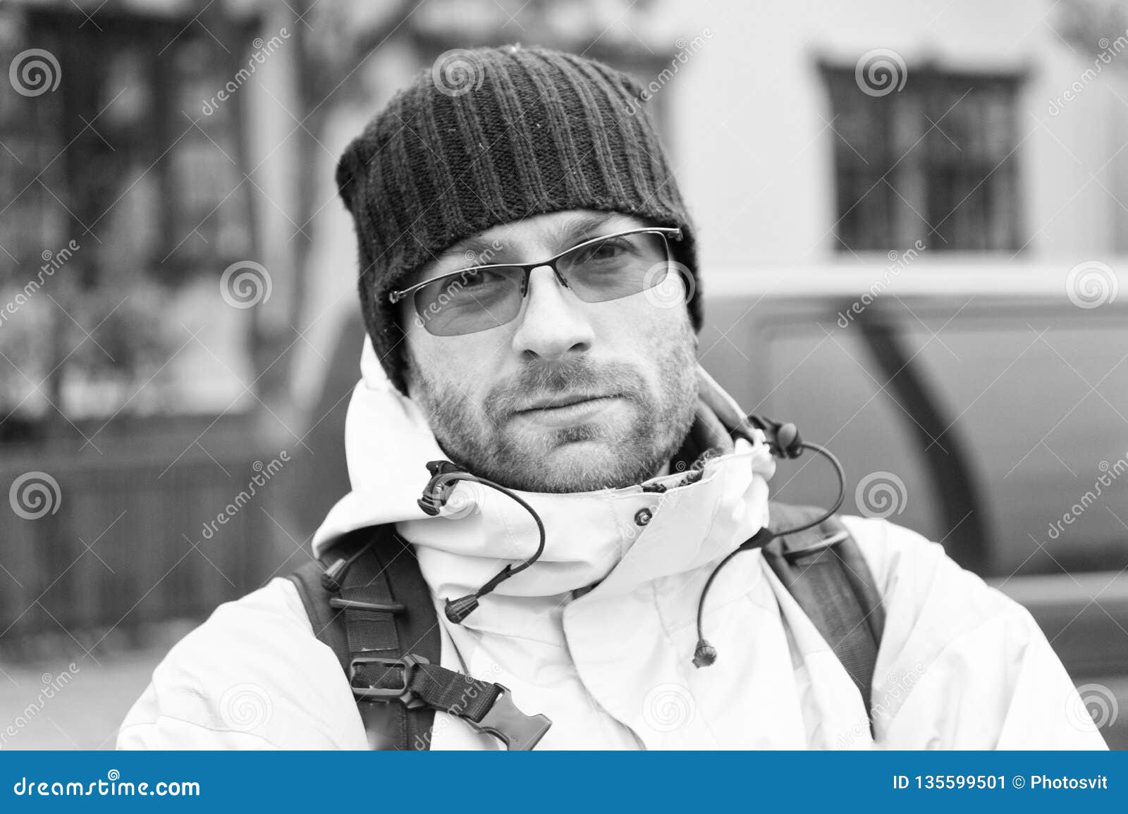 Man Tourist With Backpack Outdoor Pick Me Up Tips Of Experienced Backpacker Stock Image