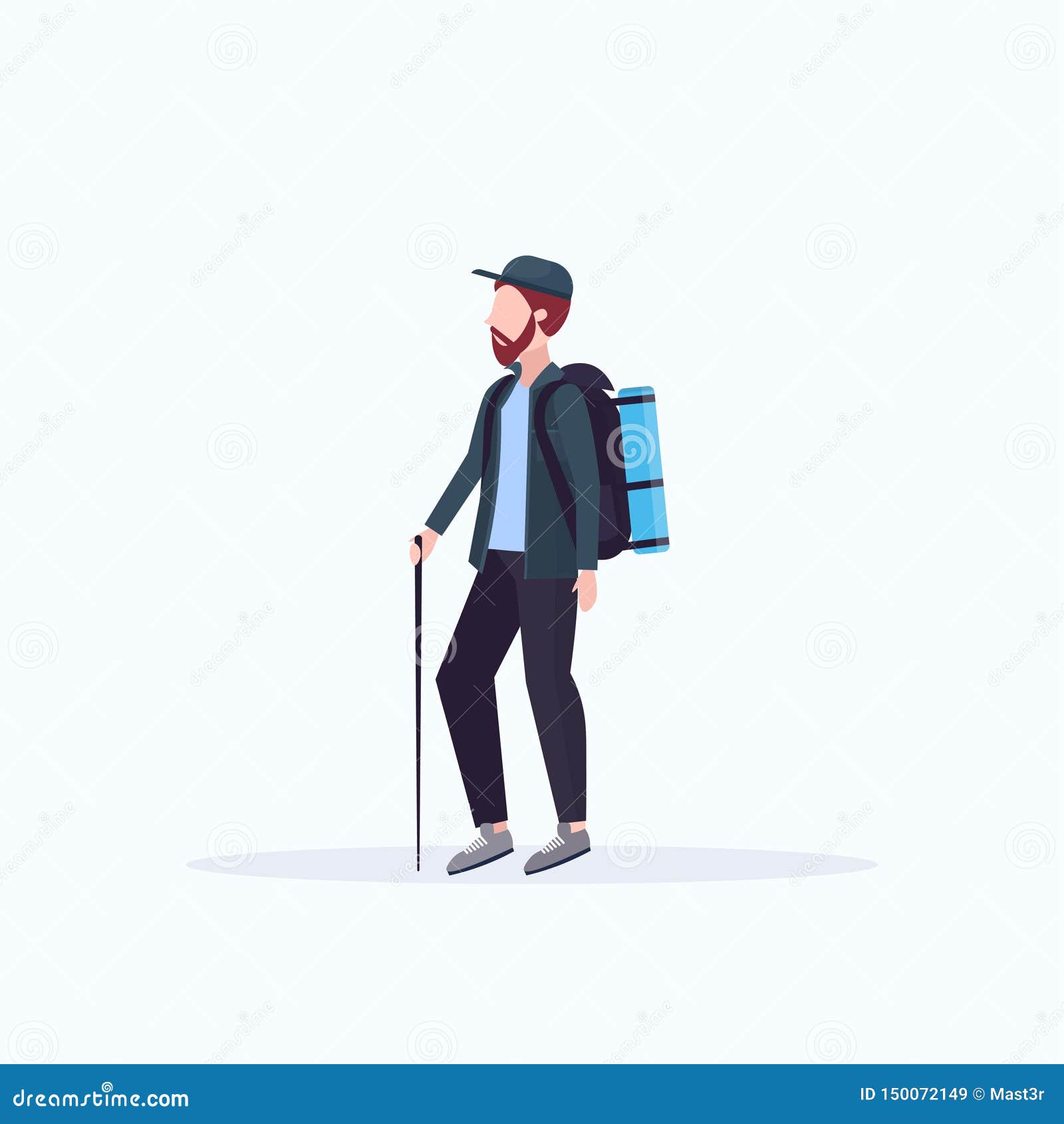 Man tourist hiker with backpack holding stick trekking hiking concept traveler on hike white background full length flat vector illustration