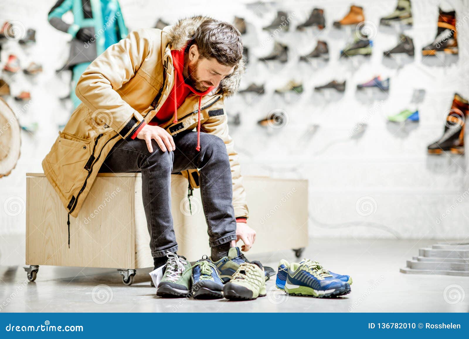 Man Trying Shoes for Hiking the Shop Photo - Image of athletic, 136782010