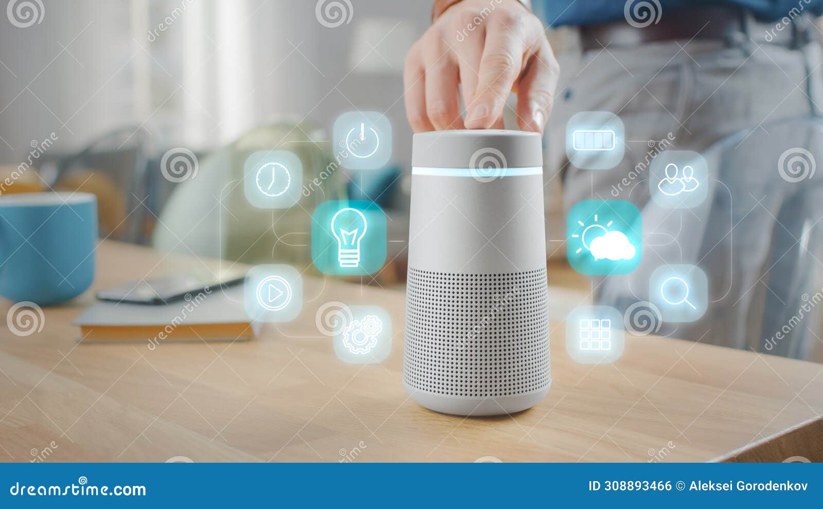 man turns on smart speaker with active artificial intelligence assistant with futuristic screenles