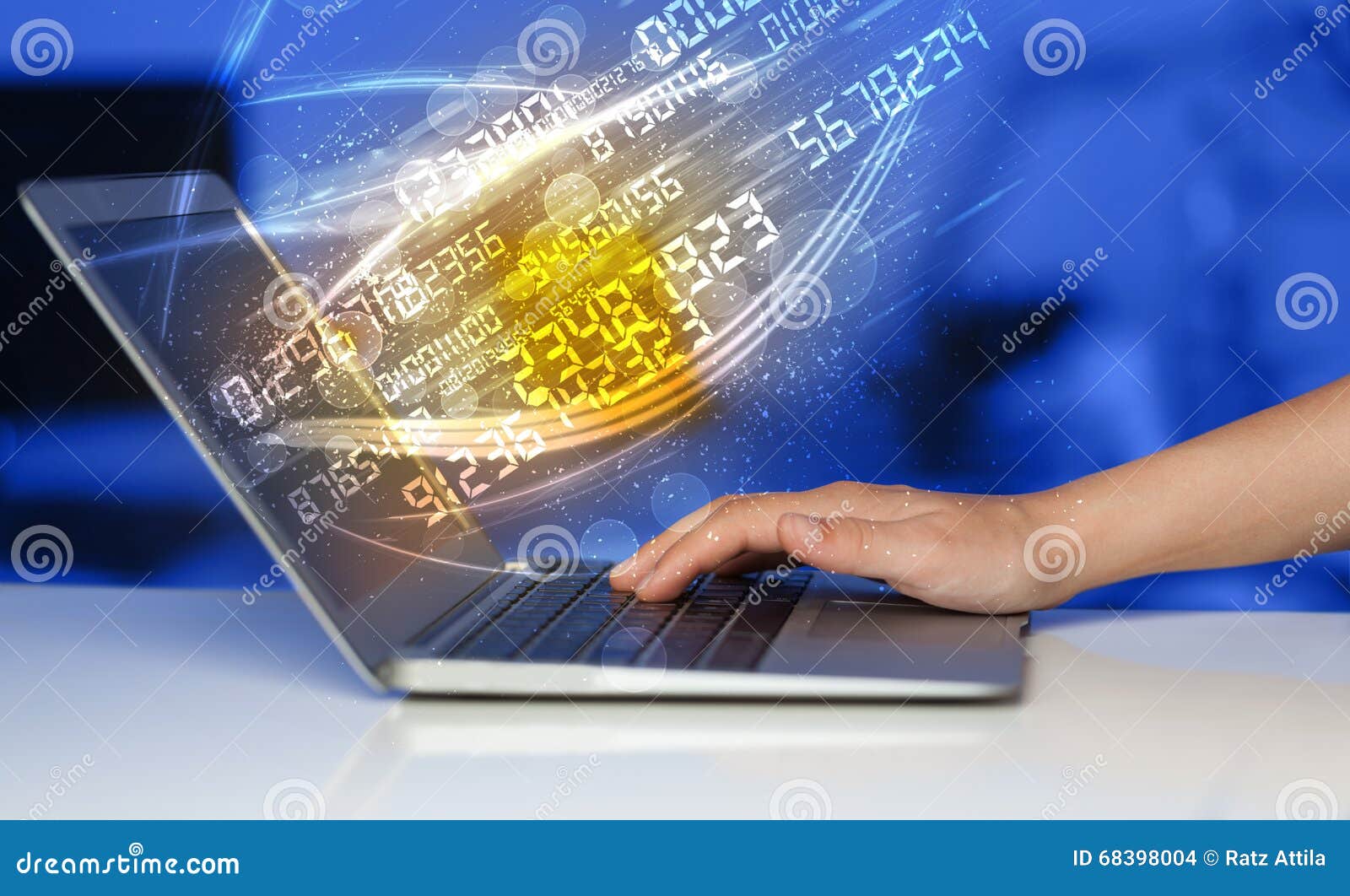 man typing on modern notebook with number technology data coming