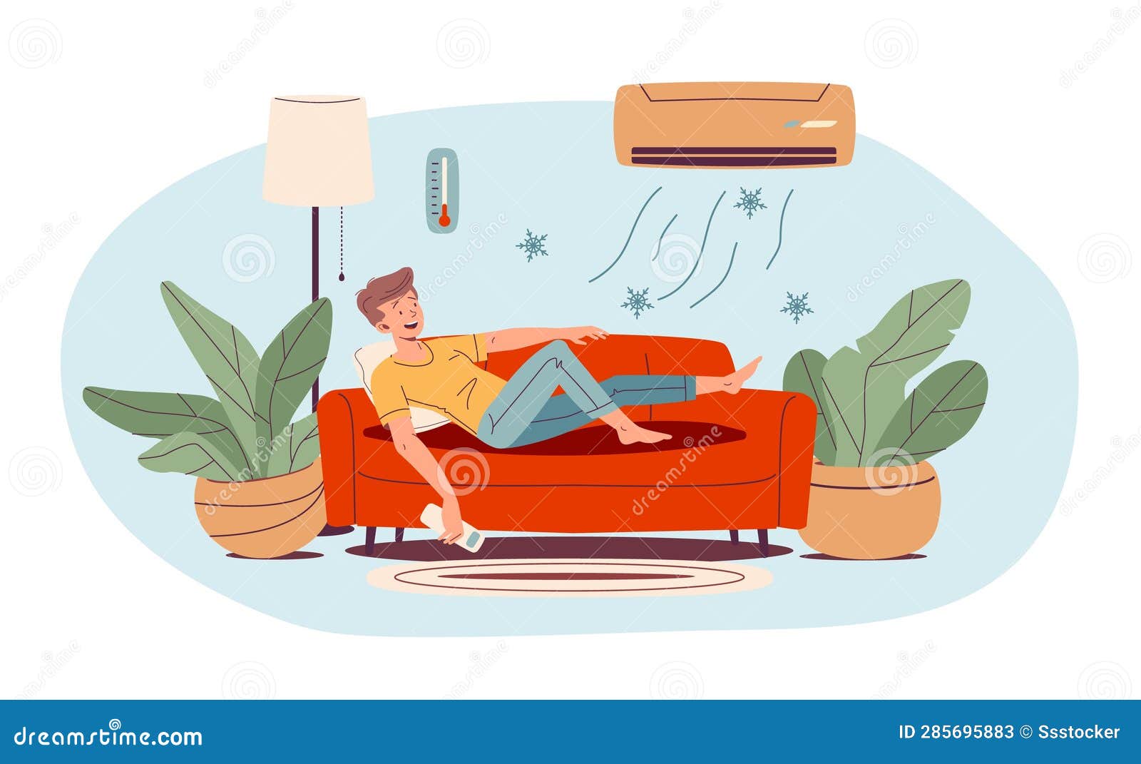 man under conditioner. satisfied guy enjoy cold air conditioning in summer heat home sleeping on sofa indoor heated room