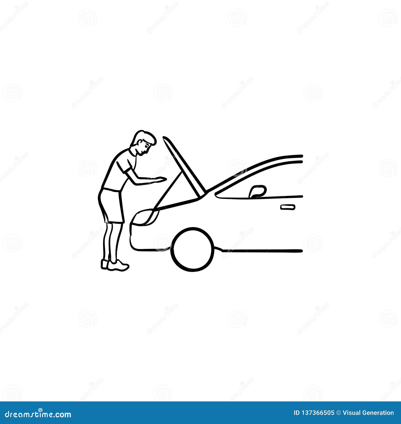 man under the hood of car hand drawn outline doodle icon.