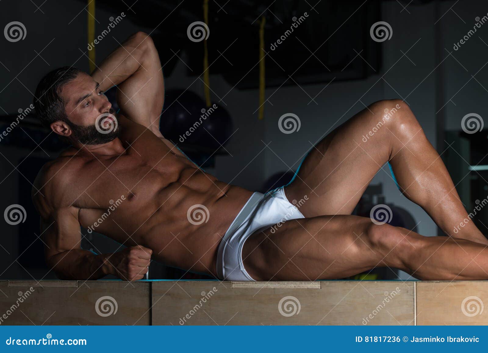 Man in Underwear Resting on Box after Exercise Stock Photo - Image of  positive, italian: 81817236