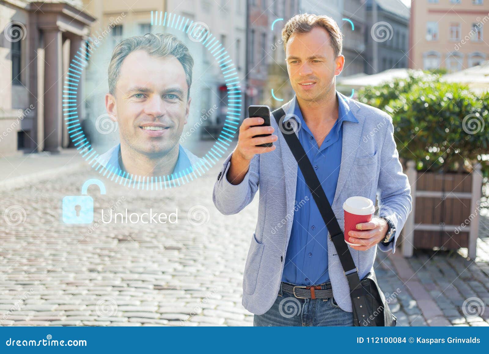 man unlock his mobile phone with facial recognition and authentication technology