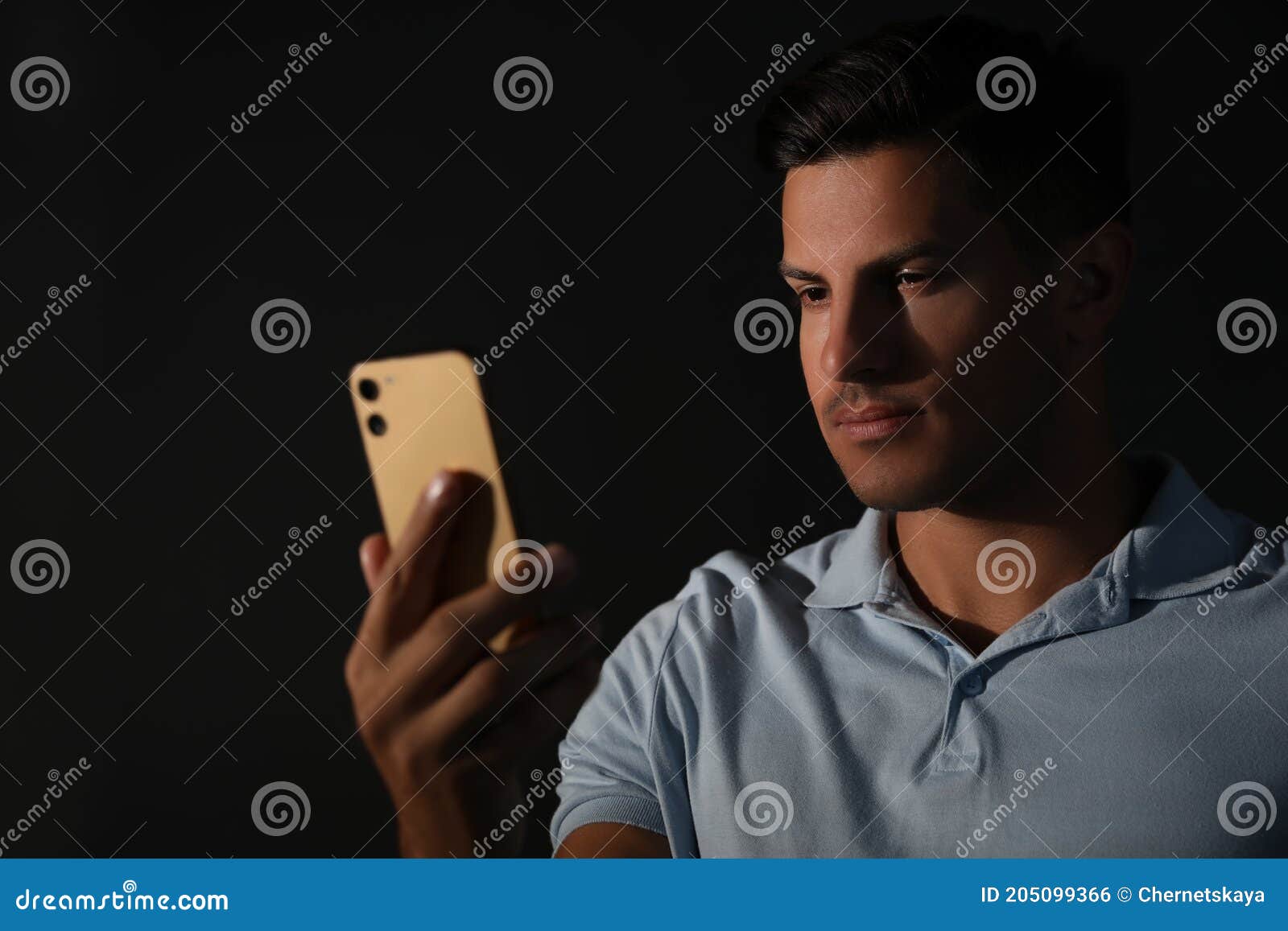 Man Unlocking Smartphone with Facial Scanner on Black Background ...