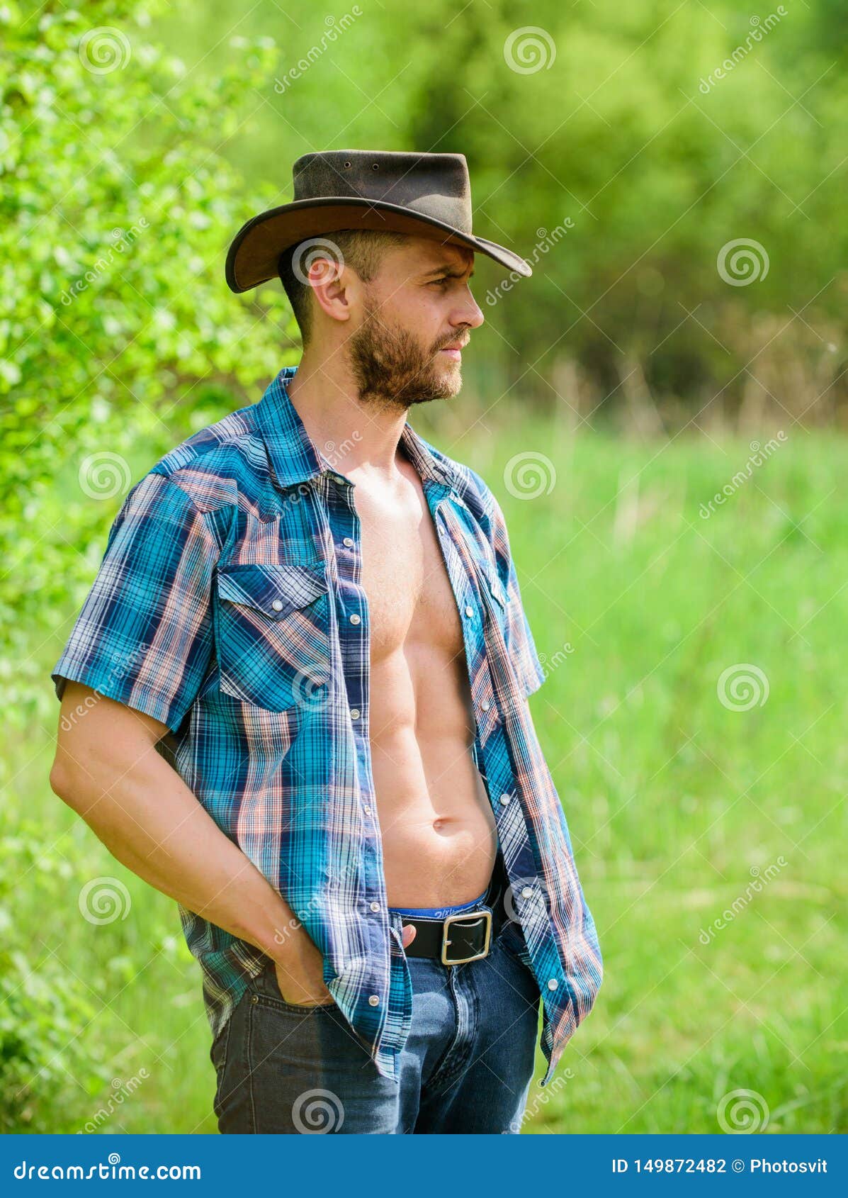 Man Unshaven Face Muscular Torso Cowboy. Farm Concept. Guy Bearded ...