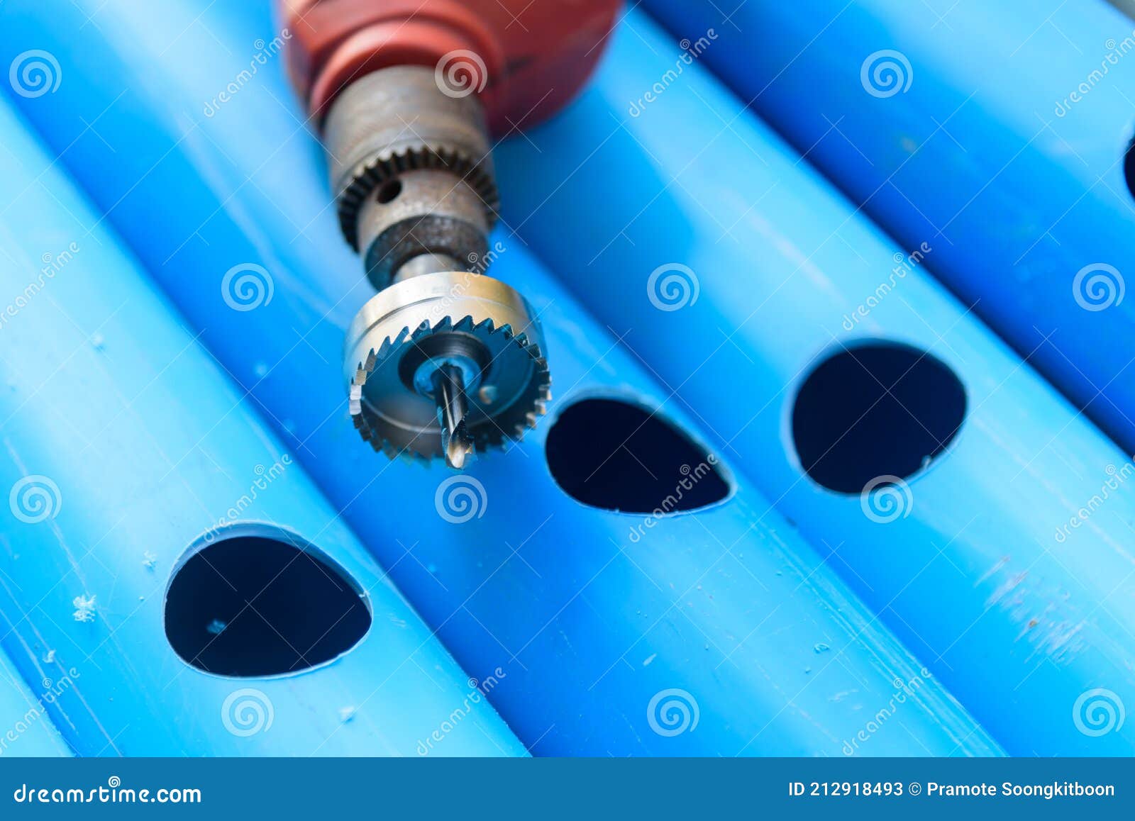 The Man Use HOLE SAW Perforate the PVC Stock Image Image of