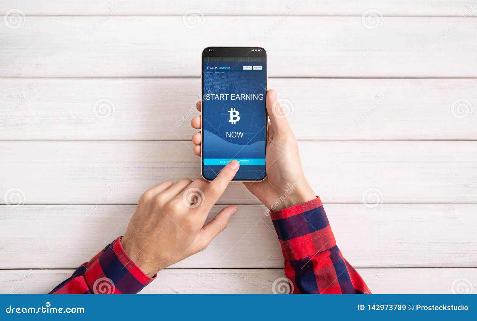 Man Using Bitcoin Earning Application On Smartphone Stock Image - 