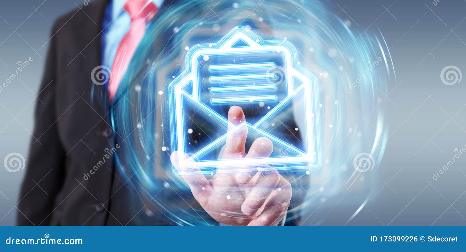 man using digital email blue holographic interface 3d rendering