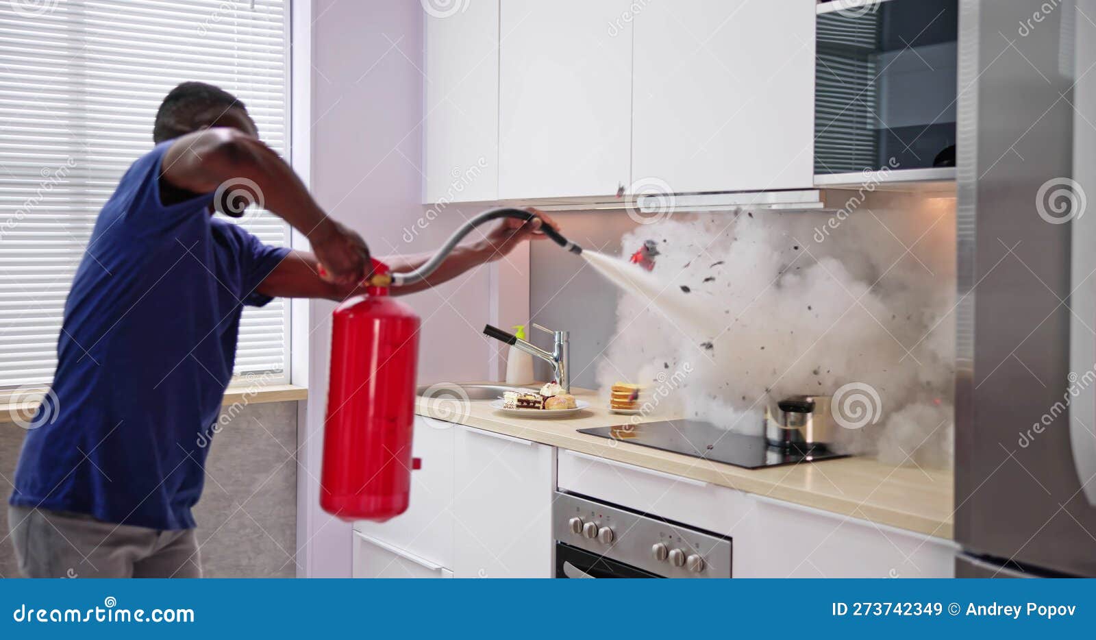 Man Using Fire Extinguisher To Stop Fire Stock Image Image of mistake