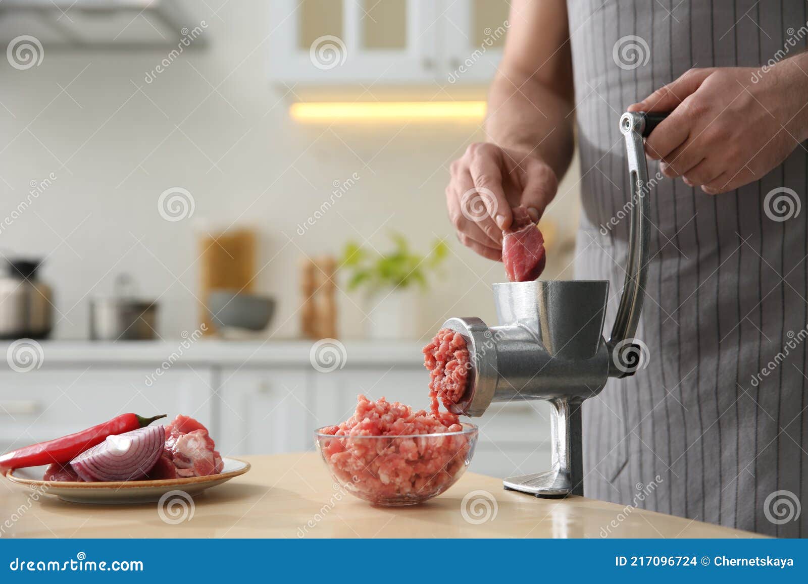 Man Using Hand Meat Grinder in Kitchen, Closeup Stock Photo Image of healthy, ingredient