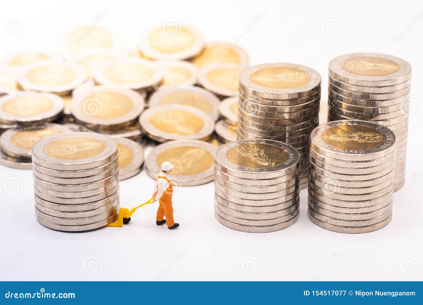 man using hand-lift dragging stack of coins.