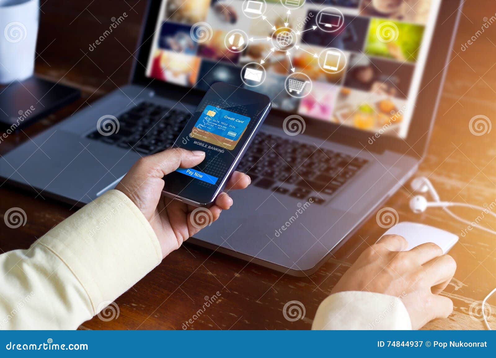 man using mobile payments online shopping and icon customer network connection on screen, m-banking and omni channel