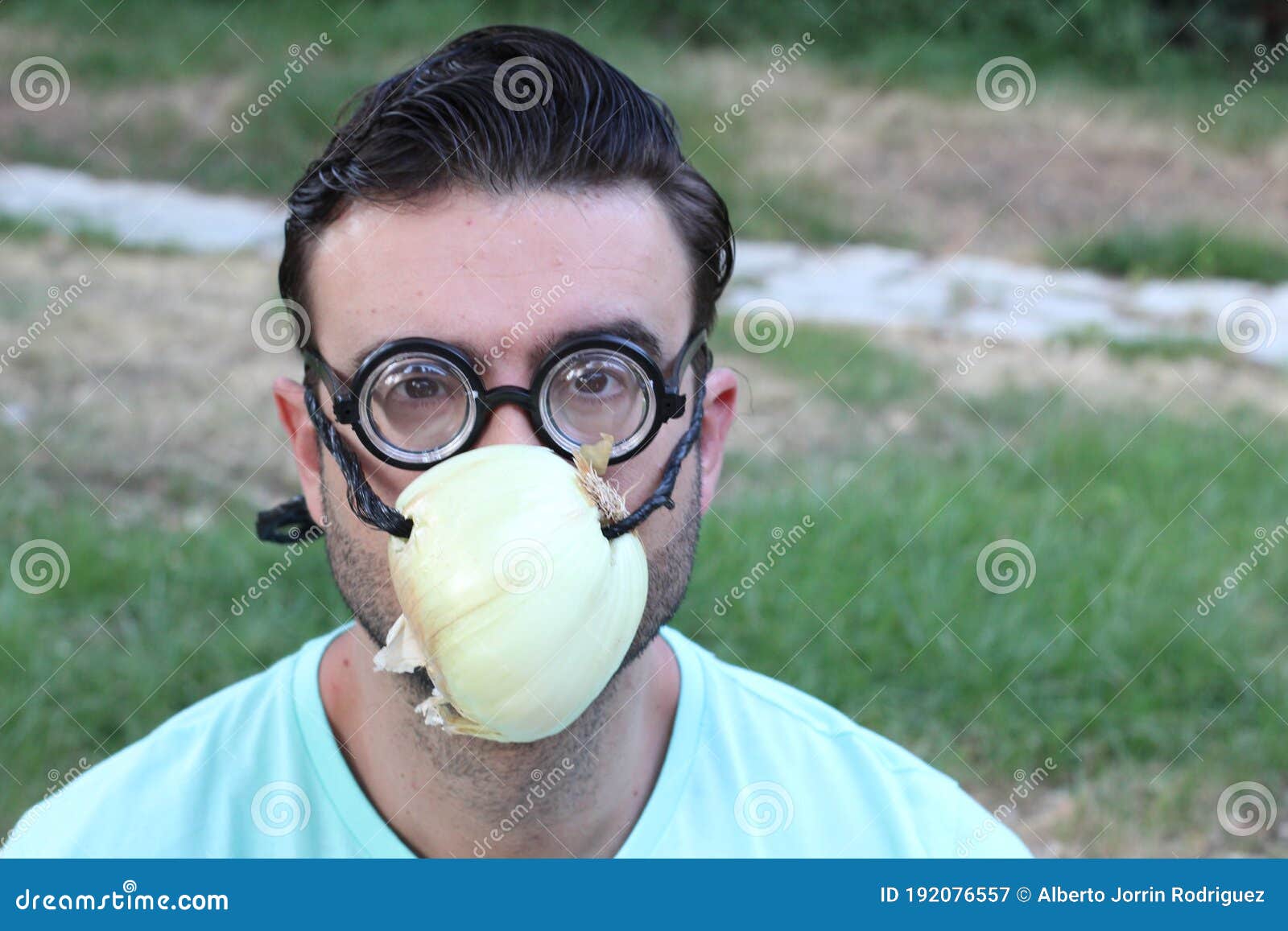 Man Using Onion As Protective Face Mask Stock Image Image of homemade