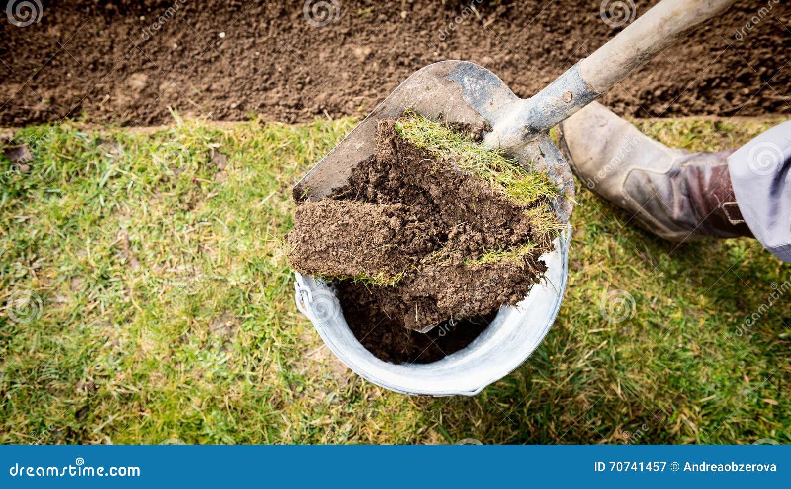 Man Using Spade for Old Lawn Digging, Gardening Concept Stock Image
