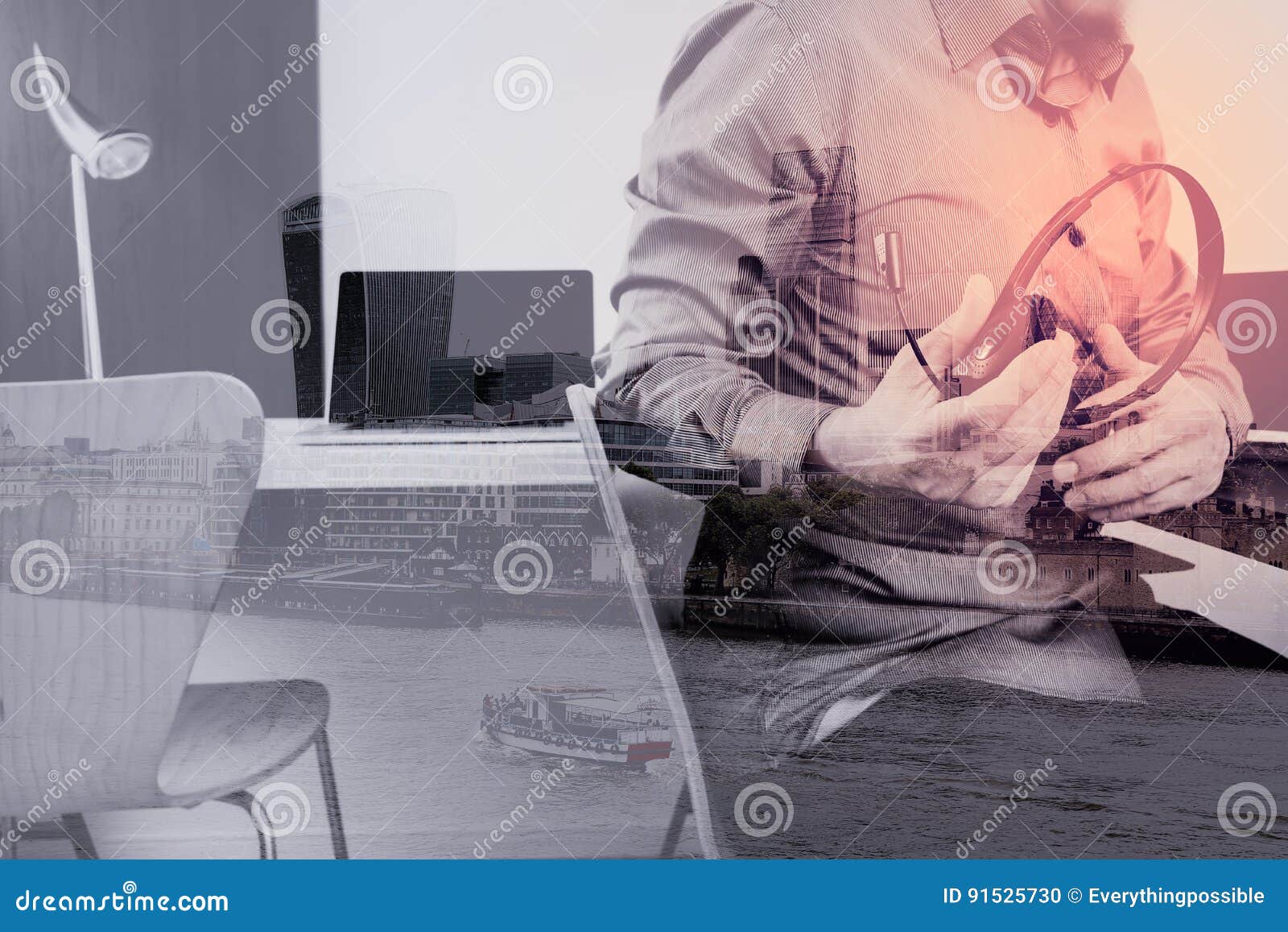 Man Using Voip Headset With Digital Tablet And Laptop Computer A
